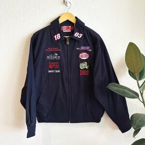 VTG Style Mens Racing Jacket With Embroidered Patches Small Retro Canvas Blue